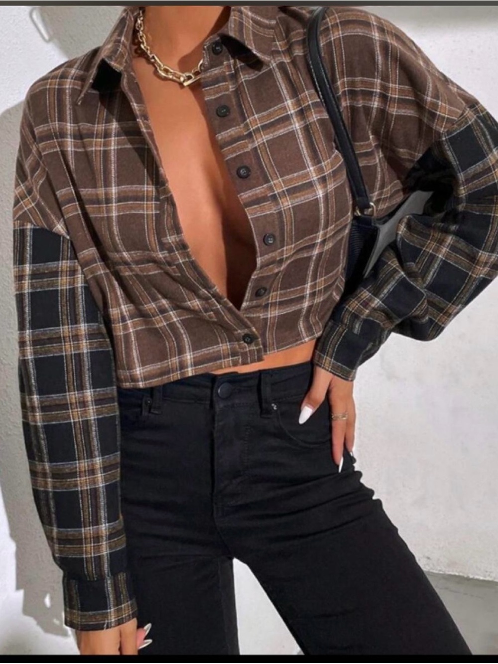 SHEIN Brown Plaid Cropped Button-Front Top